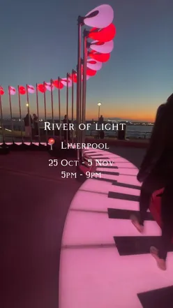 River of Light 2024 with 12 playful light installations, Italian doughnut, and hot chocolate from Francie's Focaccia in Liverpool.