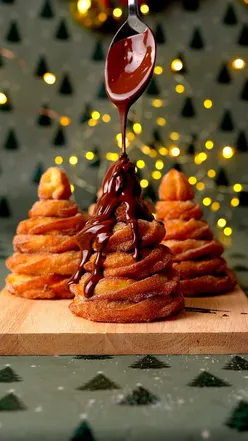 Festive churro Christmas trees with chocolate drizzle, perfect for holiday desserts. Follow @emsfoodiefix for more recipes.