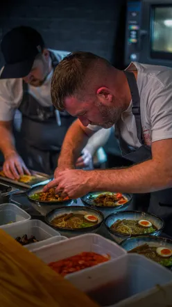 Chef Pete Dee serving delicious ramen noodles at Maneki Ramen, Birmingham. Crowdfund support for Maneki Ramen.