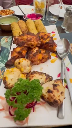 Plate of butter chicken with garlic parantha, kababs, and curries at Have More Restaurant, Delhi. Authentic Indian cuisine.