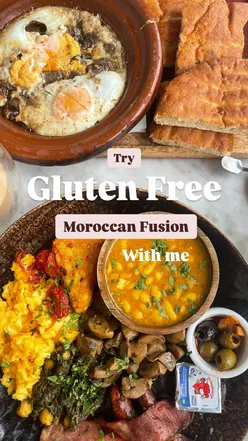 Moroccan & Middle Eastern fusion brunch in North West London with gluten-free options. Pistachio latte, Moroccan full English with eggs, turkey bacon, olives, spicy sausage, beans, hash brown, mushrooms, creamed spinach, grilled tomato, soft cheese, and Beโd ou Khโli.