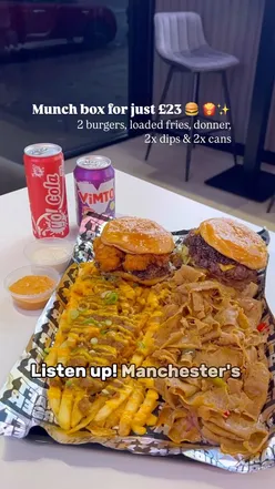 Delicious munch box from Craft Burger UK featuring two burgers, loaded fries, and churros in Manchester.