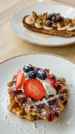 Dutch Berry Waffles with yoghurt, strawberries, blueberries, and Banana Cinnamon Sourdough Toast at Rainbowls Cheltenham.