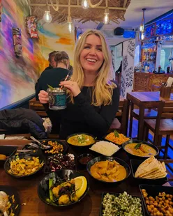Vegan Sri Lankan feast at The Coconut Island in Brighton: Battered Mushroom Fry, Vegan Kothu, Wattakka Curry, Healthy Green Salad, Dope Plantain, Arrack Attack cocktail.