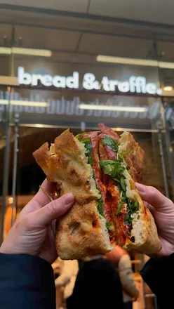 Delicious focaccia sandwiches with parma ham, mozzarella, and spicy salami at Bread & Truffle in London.