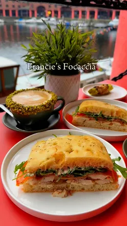 Focaccia sandwich and pistachio coffee at Francie's Focaccia, Albert Dock, Liverpool. Perfect Sunday brunch spot.
