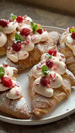 Valentine's themed croissants with mascarpone, cream, berries, and mint, styled for a pink love theme by @thejetsetfoodie.