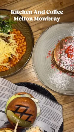 Mushroom and Brie burger, jacket potato with cheese, and Nutella strawberry pancakes at Kitchen and Coffee, Melton.