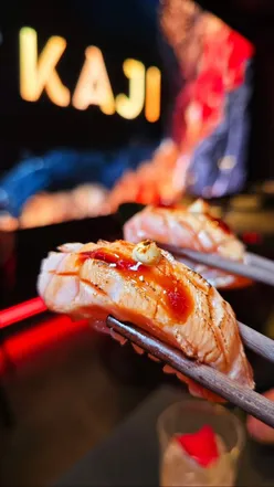 Exquisite Japanese dining at Kaji in Manchester, featuring bluefin tuna sashimi, grilled steak, and rhubarb tart.