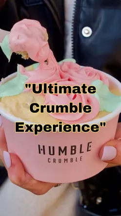 Strawberry, raspberry, apple crumble with elderflower, hot custard, and meringue from Humble Crumble in London.