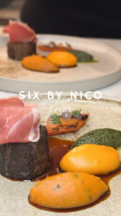 Six by Nico Leeds Italian Roadtrip menu: Crisp Polenta, Carbonara Raviolo, Lamb Flank, Sea Bass, Ox Ballotine, Ricotta Semifreddo.