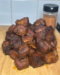 Sticky, smoky BBQ pork belly burnt ends with apple juice, brown sugar, and honey glaze, cooked in oven using Smokey BBQ rub.