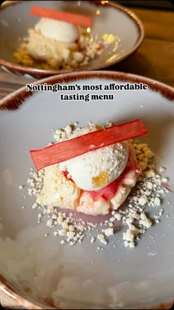 Tasting menu at Sans Patrie Nottingham: asparagus risotto, duck, halibut, venison, sorbet, rhubarb dessert.