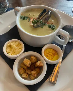 Seafood chowder, lemon sole, and creme brรปlรฉe at Isabel's Brasserie celebration lunch.