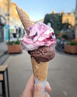 Dirty chocolate and dark cherry ice cream with mini cone at Panunzio's Kitchen, Bristol's best black forest combo.