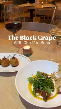 Duck leg croquettes, ricotta, sea bass, ragú, affogato, rhubarb custard at The Black Grape wine bar, Edinburgh.