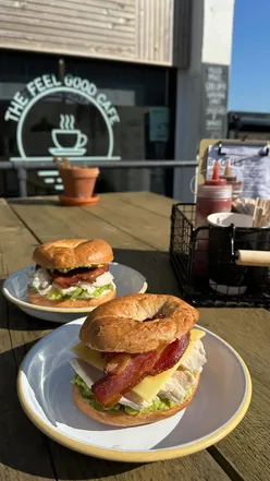 Freshly made bagels at The Feel Good Cafe in Newquay; Cali Style with chicken, bacon, avo, and The Gobbler with cheddar, bacon.