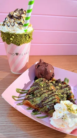 Dubai chocolate milkshake, waffle, and crepe with pistachio, chocolate, and kataifi at Snowflake Gelato, Sheffield.