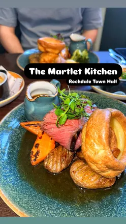 Delicious Sunday roast with perfectly cooked beef at The Martlet Kitchen in Rochdale Town Hall.