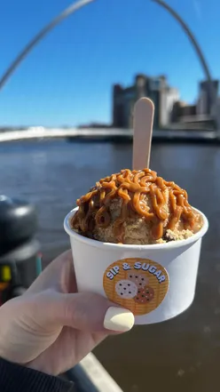 Cookie dough pots with white or milk chocolate chips and sauce at Sip & Sugar, Quayside Market, Newcastle.
