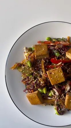 Crispy rice salad with cabbage, cucumber, edamame, peppers, tofu, and black bean chili dressing.