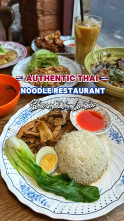 Delicious Thai noodle dishes, including beef noodle soup and fried chicken, celebrating Songkran in London.