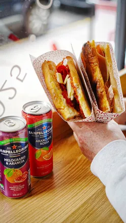 Massive schiacciata sandwiches from Toscano in Edinburgh, featuring spicy salame and creamy burrata.