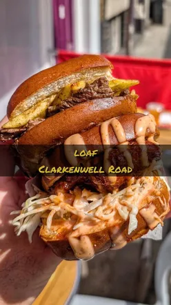 Delicious hot honey fried chicken and butter steak sandwiches with chips and iced tea at Loaf, London.