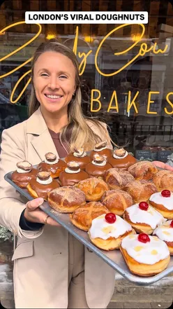 Limited edition Easter doughnuts from Greedy Cow Bakes in London, featuring Creme Egg and Hot Cross Bun flavors.