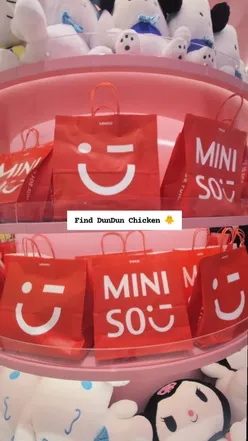 Kids enjoying Easter goodies at MINISO on Oxford Street, searching for hidden DunDun chicken plushies.