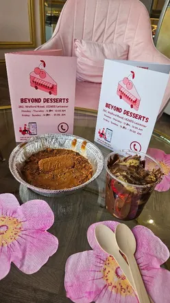 Beyond Desserts on Welford Road offers iced Spanish latte, Lotus Biscoff cookie dough, pistachio knafeh, and Dubai brownie sundae.