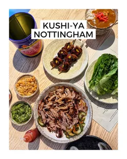 Kushi-ya Nottingham: Bib Gourmand eatery with prawn katsu sando, chicken tsukune, soy braised pork, matcha cheesecake, and snacks.