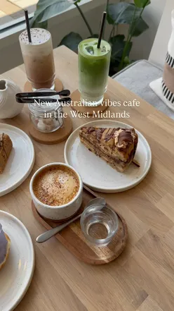 Delicious brunch spread at Brondi in Dorridge: matcha, iced latte, cappuccino, doughnut, and cookie pie.