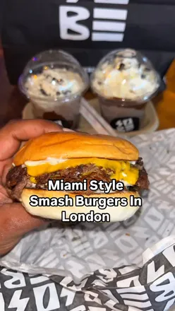 Delicious Miami smash burgers from @sobeburger, showcasing affordable halal street food in the UK.