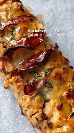 Hot honey and chorizo stuffed garlic bread, drizzled with honey and topped with melted mozzarella.