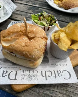 Brie and bacon sandwich on sourdough, steak pasty with chips at The Two Brewers Shaftesbury, sunny day with pub cat Mowgli.