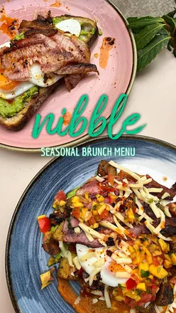 Brunch at Nibble NQ in Manchester: coconut matcha, mango smoothie, brownie shake, and avocado toast.