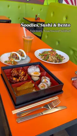 Chilli chicken noodles, sushi, and bento box at Yakinori UK in Touchwood, Solihull; praised for great service by Hashi.