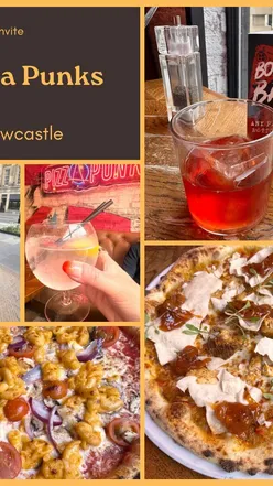 Custom pizzas with cherry tomatoes, goat cheese, and tandoori chicken, paired with gin and Negroni drinks.