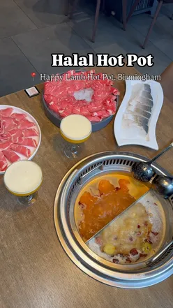 Halal hot pot buffet at Happy Lamb Birmingham with lamb, beef, seafood, and a sauce bar near The Arcadian.