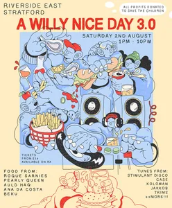 Willy Nice Day summer party at Riverside East on August 2, 2025, with food, music, and fun supporting Save the Children UK Gaza Appeal.