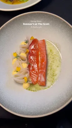 Spring menu at Bonnar's in Edinburgh featuring seasonal Scottish dishes and a beautiful dining room setting.