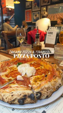 Delicious margherita and spicy salami pizza with burrata, served with garlic dip at Pizza Posto, Edinburgh.