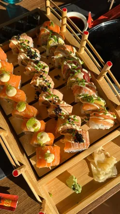 Delicious sushi platter featuring red dragon rolls and prawn tempura at Sushi Life in Cardiff.