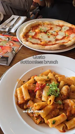 Bottomless brunch at Gusto with cocktails, rigatoni, and pizzas in Newcastle, perfect for a relaxed Saturday outing.