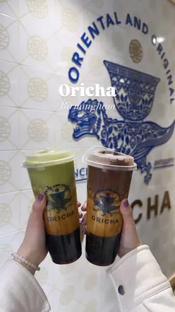 Matcha latte, choco latte, and oolong milk tea with brown sugar pearls at Oricha near Birmingham New Street station.