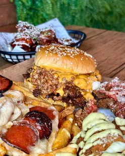 SharkBite Burgers Italian special: bolognaise burger, pizza loaded fries, deep-fried lasagne, mozzarella sticks with pesto in Cwmbran.