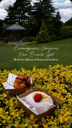 Elegant brunch at Medicine Bakery in Birmingham Botanical Gardens with pastries, brunch, and coffee amidst lush greenery.