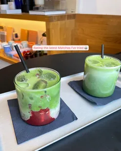 Sampling and rating various matcha teas from Godshot Studio, Caffe Nero, Heytea UK, Blank Street, M&S, Pineapple Espresso, Black Sheep Coffee.