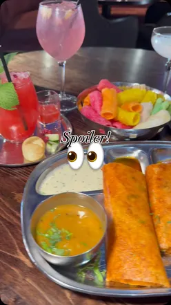 Indian Tiffin Room brunch with Kamasutra, Vodka Puri, Gulabitini cocktails, mini papadams, chili cheese dosa, mango aubergine masala, butter chicken.